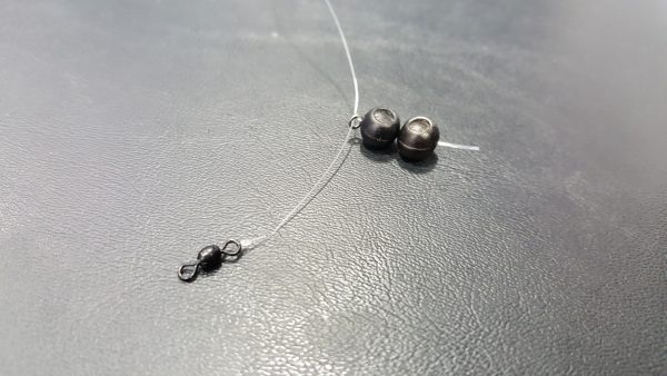 two pieces of shot on mono attached to ring