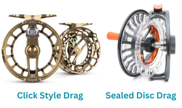 A click style drag reel and a sealed drag reel showing the difference between the two drag systems