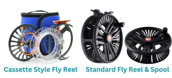 A cassette style fly reel on the left and a standard style fly reel and spool on the right showing the difference between the two spool systems