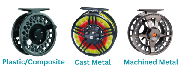 Three fly reels showing the difference between materials - a plastic/composite reel on the left, cast metal reel in the middle and a machined metal reel on the right